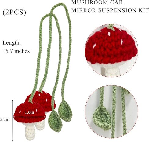 2 PCS Crochet Mushroom Car Charm, Handmade Crocheted Simulated Mushroom Hanging Ornament, Stereoscopic Botanical Bag Decoration, Car Accessories in Saudi Arabia