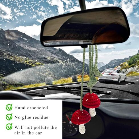 2 PCS Crochet Mushroom Car Charm, Handmade Crocheted Simulated Mushroom Hanging Ornament, Stereoscopic Botanical Bag Decoration, Car Accessories in Saudi Arabia
