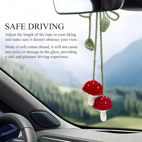 2 PCS Crochet Mushroom Car Charm, Handmade Crocheted Simulated Mushroom Hanging Ornament, Stereoscopic Botanical Bag Decoration, Car Accessories in Saudi Arabia
