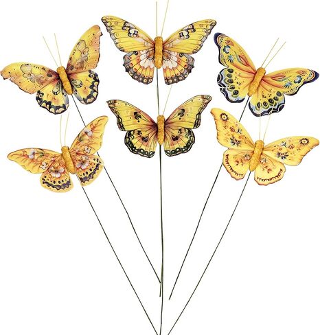 Berfutall-Artificial Feather 3D Butterfly Party Decorations Set of 12 with Wire 6 Color Yellow Series Ornaments for Home Decoration in Kuwait