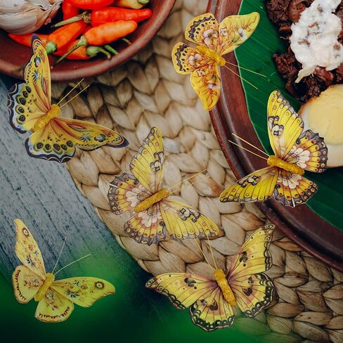 Berfutall-Artificial Feather 3D Butterfly Party Decorations Set of 12 with Wire 6 Color Yellow Series Ornaments for Home Decoration in Kuwait