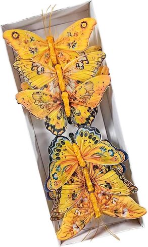 Berfutall-Artificial Feather 3D Butterfly Party Decorations Set of 12 with Wire 6 Color Yellow Series Ornaments for Home Decoration in Kuwait