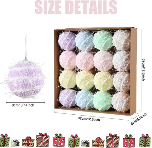 16PCS Pastel Christmas Tree Ball Ornament Set, 3.15in Pastel Color Shatterproof Glitter Foam Christmas Hanging Ball Ornaments Sweet Themed Xmas Tree Decor New Year Holiday Decoration in Saudi Arabia
