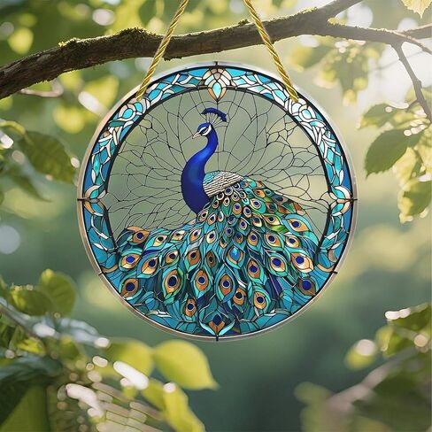 Colorful Acrylic Suncatcher, Peacock Stained Glass Window 7-inch Hanging Window Wall Art Decor with Printed Stained Glass Style Design, Gift Idea & Garden Ornament Indoor Outdoor Use in Saudi Arabia