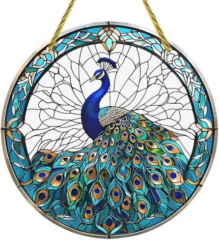 Colorful Acrylic Suncatcher, Peacock Stained Glass Window 7-inch Hanging Window Wall Art Decor with Printed Stained Glass Style Design, Gift Idea & Garden Ornament Indoor Outdoor Use in Saudi Arabia