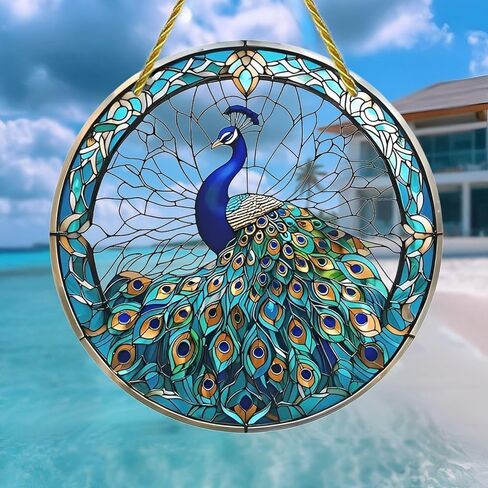 Colorful Acrylic Suncatcher, Peacock Stained Glass Window 7-inch Hanging Window Wall Art Decor with Printed Stained Glass Style Design, Gift Idea & Garden Ornament Indoor Outdoor Use in Saudi Arabia