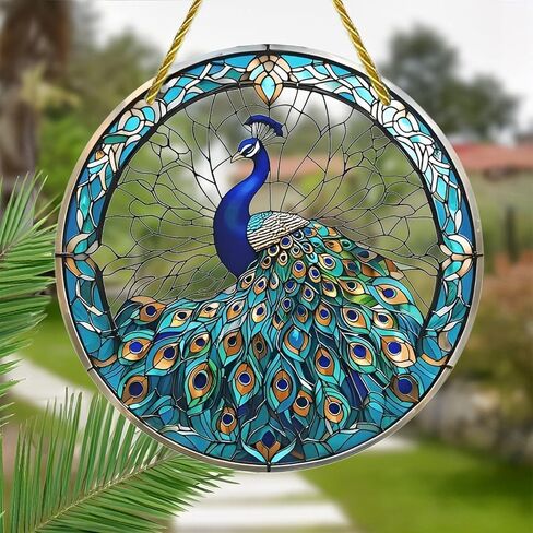 Colorful Acrylic Suncatcher, Peacock Stained Glass Window 7-inch Hanging Window Wall Art Decor with Printed Stained Glass Style Design, Gift Idea & Garden Ornament Indoor Outdoor Use in Saudi Arabia