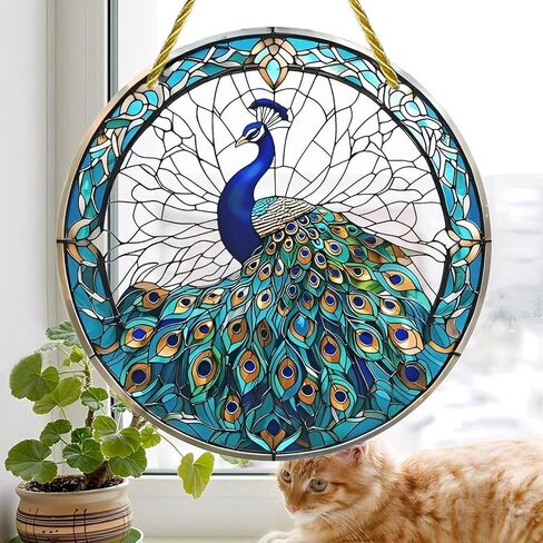 Colorful Acrylic Suncatcher, Peacock Stained Glass Window 7-inch Hanging Window Wall Art Decor with Printed Stained Glass Style Design, Gift Idea & Garden Ornament Indoor Outdoor Use in Saudi Arabia