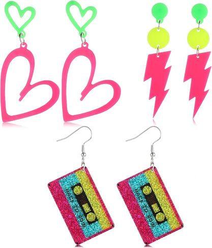 3 Pairs 80s 90s Neon Earrings for Women, Glow Party Accessories Neon Jewelry for Party Accessories Costume Outfits Gifts in Kuwait
