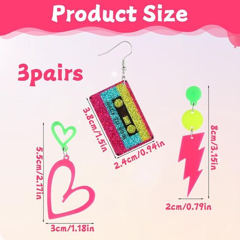 3 Pairs 80s 90s Neon Earrings for Women, Glow Party Accessories Neon Jewelry for Party Accessories Costume Outfits Gifts in Kuwait