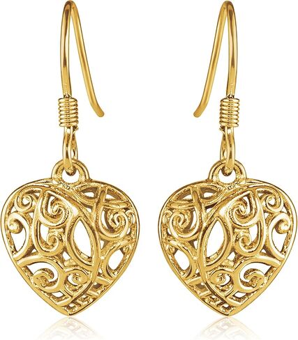 Filigree Heart Dangle Earrings - 14K Yellow Gold Plated 925 Sterling Silver Open Heart Drop Earrings - Openwork Dangling Earring Jewelry Birthday Gifts for Women in Saudi Arabia