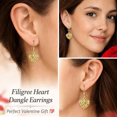 Filigree Heart Dangle Earrings - 14K Yellow Gold Plated 925 Sterling Silver Open Heart Drop Earrings - Openwork Dangling Earring Jewelry Birthday Gifts for Women in Saudi Arabia