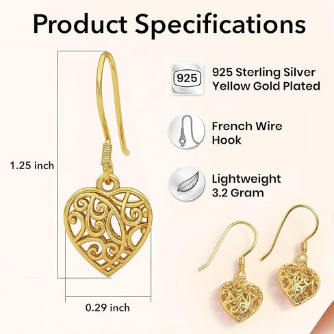 Filigree Heart Dangle Earrings - 14K Yellow Gold Plated 925 Sterling Silver Open Heart Drop Earrings - Openwork Dangling Earring Jewelry Birthday Gifts for Women in Saudi Arabia