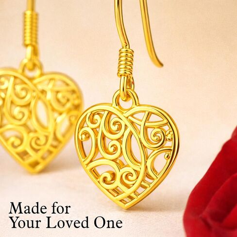 Filigree Heart Dangle Earrings - 14K Yellow Gold Plated 925 Sterling Silver Open Heart Drop Earrings - Openwork Dangling Earring Jewelry Birthday Gifts for Women in Saudi Arabia