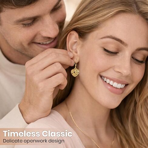 Filigree Heart Dangle Earrings - 14K Yellow Gold Plated 925 Sterling Silver Open Heart Drop Earrings - Openwork Dangling Earring Jewelry Birthday Gifts for Women in Saudi Arabia