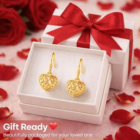Filigree Heart Dangle Earrings - 14K Yellow Gold Plated 925 Sterling Silver Open Heart Drop Earrings - Openwork Dangling Earring Jewelry Birthday Gifts for Women in Saudi Arabia