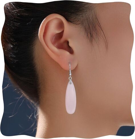 أقراط كوارتز وردي، أقراط متدلية وردية على شكل دمعة من الحجر الطبيعي للنساء، أقراط مجوهرات كوارتز وردي مصنوعة يدويًا in Kuwait