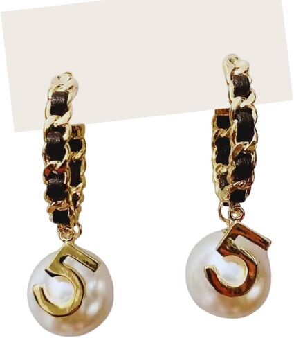 Vintage Number 5 Pearl Hoop Earrings Elegant Pearl Hoop Earrings for Women, Trendy Black Chain Gold Plated Number 5 Dangle Earrings in Saudi Arabia