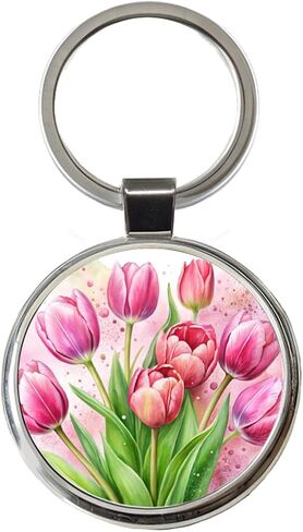 سلسلة مفاتيح معدنية مستديرة بألوان مائية على شكل زهور التوليب الوردية in Kuwait