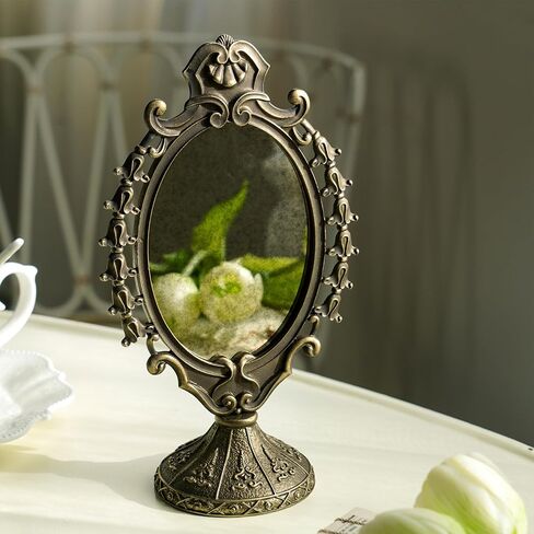NIKKY HOME Vintage Baroque Tabletop Vanity Mirror, Antique Bronze Oval Standing Makeup Mirror with Decorative Frame for Bedroom, Dressing Room, Living Room in Saudi Arabia