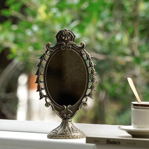 NIKKY HOME Vintage Baroque Tabletop Vanity Mirror, Antique Bronze Oval Standing Makeup Mirror with Decorative Frame for Bedroom, Dressing Room, Living Room in Saudi Arabia