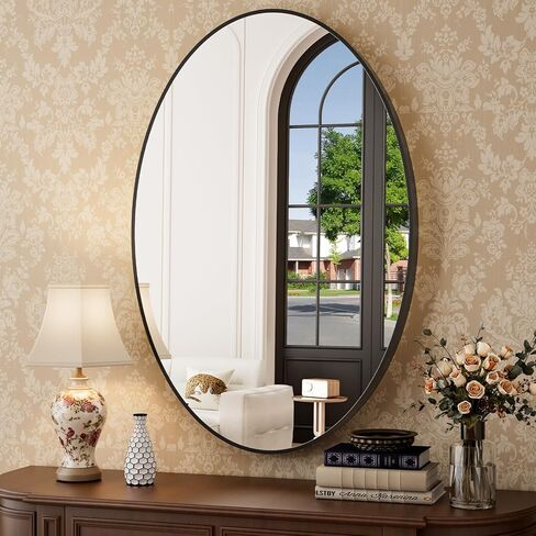 مرآة حمام بيضاوية فوق الحوض، مرآة زينة مثبتة على الحائط بإطار معدني أسود مقاس 60.96 سم × 81.28 سم للمدخل وغرفة المعيشة، يتم تعليقها أفقيًا أو رأسيًا in Kuwait