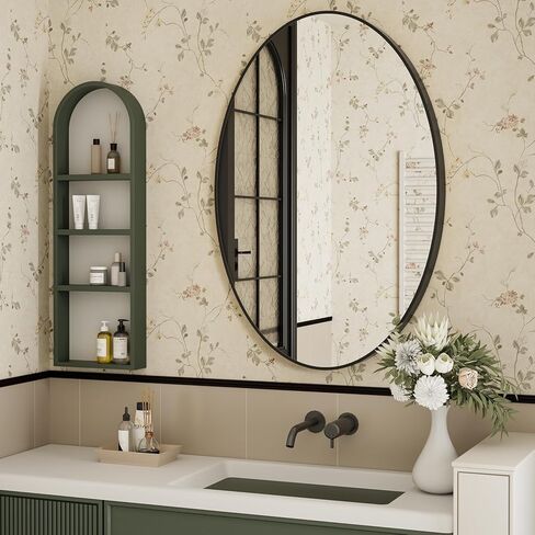 مرآة حمام بيضاوية فوق الحوض، مرآة زينة مثبتة على الحائط بإطار معدني أسود مقاس 60.96 سم × 81.28 سم للمدخل وغرفة المعيشة، يتم تعليقها أفقيًا أو رأسيًا in Kuwait