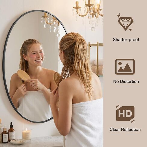 مرآة حمام بيضاوية فوق الحوض، مرآة زينة مثبتة على الحائط بإطار معدني أسود مقاس 60.96 سم × 81.28 سم للمدخل وغرفة المعيشة، يتم تعليقها أفقيًا أو رأسيًا in Kuwait