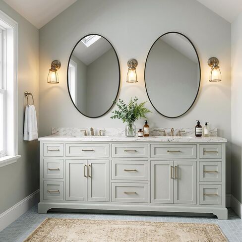 مرآة حمام بيضاوية فوق الحوض، مرآة زينة مثبتة على الحائط بإطار معدني أسود مقاس 60.96 سم × 81.28 سم للمدخل وغرفة المعيشة، يتم تعليقها أفقيًا أو رأسيًا in Kuwait