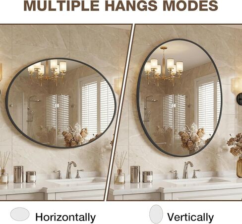 مرآة حمام بيضاوية فوق الحوض، مرآة زينة مثبتة على الحائط بإطار معدني أسود مقاس 60.96 سم × 81.28 سم للمدخل وغرفة المعيشة، يتم تعليقها أفقيًا أو رأسيًا in Kuwait