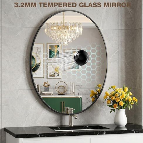 مرآة حمام بيضاوية فوق الحوض، مرآة زينة مثبتة على الحائط بإطار معدني أسود مقاس 60.96 سم × 81.28 سم للمدخل وغرفة المعيشة، يتم تعليقها أفقيًا أو رأسيًا in Kuwait