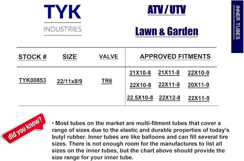 22x11.00-9, 20x11-9, 22x10-9, 22x11-9 ATV Tire Inner Tubes with TR6 Straight Metal Valve Stems by TYK Industries in Saudi Arabia