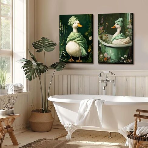 2 جهاز كمبيوتر شخصى بطة خضراء داكنة قماش جدار الفن النباتية مودي الزهور البرية الملصقات طباعة سبا بطة في حوض الاستحمام صور عمل فني خمر لوحات الحائط الأزهار للحمام المرحاض مرحاض ديكور 12 × 16 بوصة in Kuwait