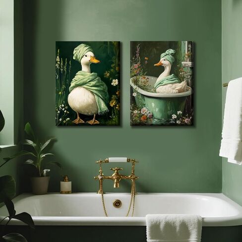 2 جهاز كمبيوتر شخصى بطة خضراء داكنة قماش جدار الفن النباتية مودي الزهور البرية الملصقات طباعة سبا بطة في حوض الاستحمام صور عمل فني خمر لوحات الحائط الأزهار للحمام المرحاض مرحاض ديكور 12 × 16 بوصة in Kuwait