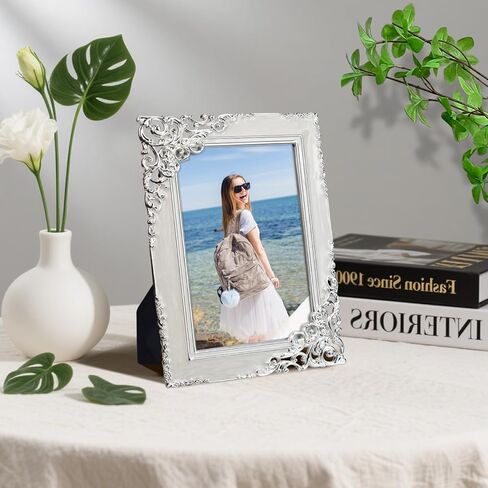 إطارات صور كلاسيكية مقاس 4 × 6، إطار صور معدني مع لفافة باروكية فضية مزخرفة وزجاج عالي الدقة لحفلات الزفاف وهدايا عيد الحب/عيد الأم، أبيض in Kuwait