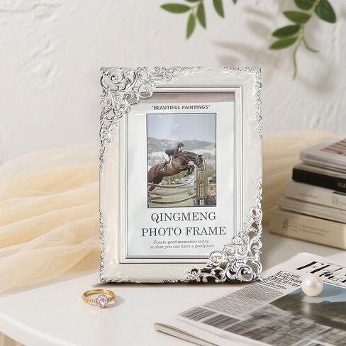 إطارات صور كلاسيكية مقاس 4 × 6، إطار صور معدني مع لفافة باروكية فضية مزخرفة وزجاج عالي الدقة لحفلات الزفاف وهدايا عيد الحب/عيد الأم، أبيض in Kuwait