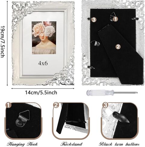 إطارات صور كلاسيكية مقاس 4 × 6، إطار صور معدني مع لفافة باروكية فضية مزخرفة وزجاج عالي الدقة لحفلات الزفاف وهدايا عيد الحب/عيد الأم، أبيض in Kuwait