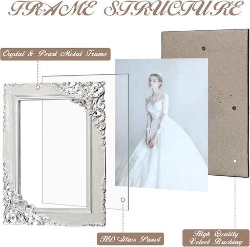 إطارات صور كلاسيكية مقاس 4 × 6، إطار صور معدني مع لفافة باروكية فضية مزخرفة وزجاج عالي الدقة لحفلات الزفاف وهدايا عيد الحب/عيد الأم، أبيض in Kuwait
