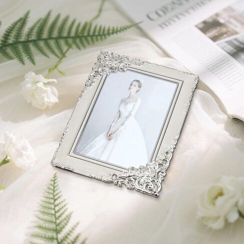 إطارات صور كلاسيكية مقاس 4 × 6، إطار صور معدني مع لفافة باروكية فضية مزخرفة وزجاج عالي الدقة لحفلات الزفاف وهدايا عيد الحب/عيد الأم، أبيض in Kuwait