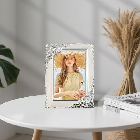 إطارات صور كلاسيكية مقاس 4 × 6، إطار صور معدني مع لفافة باروكية فضية مزخرفة وزجاج عالي الدقة لحفلات الزفاف وهدايا عيد الحب/عيد الأم، أبيض in Kuwait
