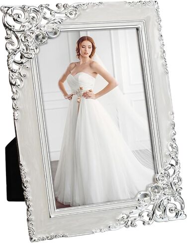 إطارات صور كلاسيكية مقاس 4 × 6، إطار صور معدني مع لفافة باروكية فضية مزخرفة وزجاج عالي الدقة لحفلات الزفاف وهدايا عيد الحب/عيد الأم، أبيض in Kuwait
