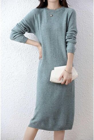 Sweater Dress Women's 100% Merino Wool O-Neck Long Raglan Sleeved Knitted Pullover Crewneck Tops in Saudi Arabia