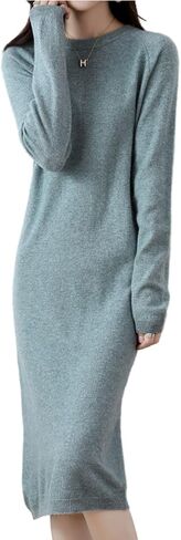 Sweater Dress Women's 100% Merino Wool O-Neck Long Raglan Sleeved Knitted Pullover Crewneck Tops in Saudi Arabia