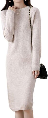 Sweater Dress Women's 100% Merino Wool O-Neck Long Raglan Sleeved Knitted Pullover Crewneck Tops in Saudi Arabia