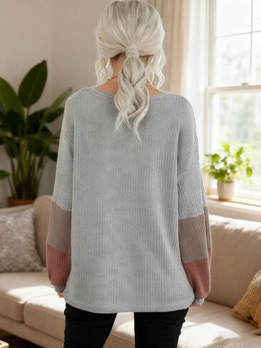 Women's Gray V Neck Long Sleeve Sweater, Knit Pullover Fall Winter Outfit for Women M-XL in Saudi Arabia