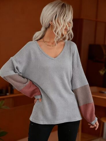 Women's Gray V Neck Long Sleeve Sweater, Knit Pullover Fall Winter Outfit for Women M-XL in Saudi Arabia
