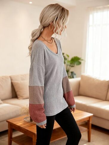 Women's Gray V Neck Long Sleeve Sweater, Knit Pullover Fall Winter Outfit for Women M-XL in Saudi Arabia