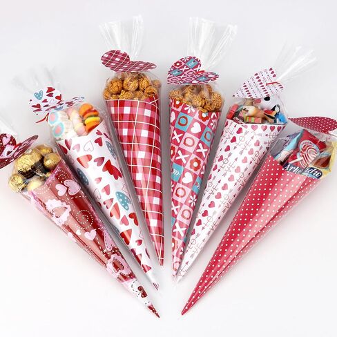 Valentine's Day DIY Art Crafts Gift Kits for Kids-60 Pack DIY Valentine’s Sweet Cones Shaped Treat Bags Set with Clear Triangle Bag, Valentine Themed Card Paper & Gift Tag for Party Gift Favors Wrap in Kuwait