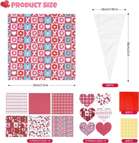Valentine's Day DIY Art Crafts Gift Kits for Kids-60 Pack DIY Valentine’s Sweet Cones Shaped Treat Bags Set with Clear Triangle Bag, Valentine Themed Card Paper & Gift Tag for Party Gift Favors Wrap in Kuwait
