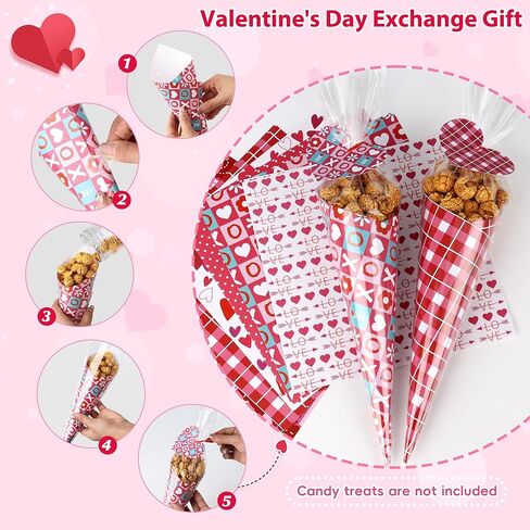 Valentine's Day DIY Art Crafts Gift Kits for Kids-60 Pack DIY Valentine’s Sweet Cones Shaped Treat Bags Set with Clear Triangle Bag, Valentine Themed Card Paper & Gift Tag for Party Gift Favors Wrap in Kuwait